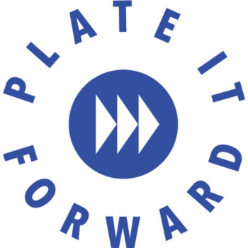 Blue logo with three white arrows inside a circle, surrounded by the words “Plate It Forward” in bold uppercase letters.